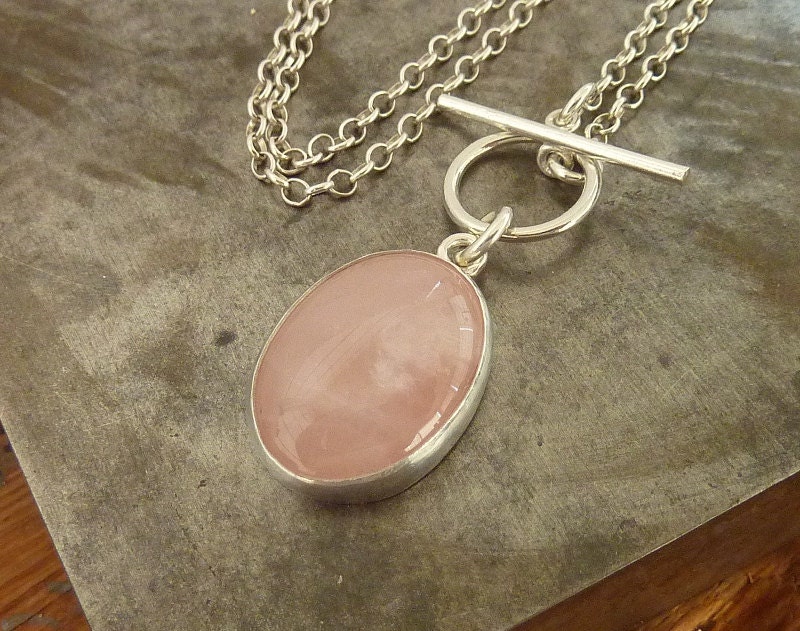 Rose Quartz statement necklace, sterling silver necklace, Handmade Pink oval rose quartz pendant - pink necklace