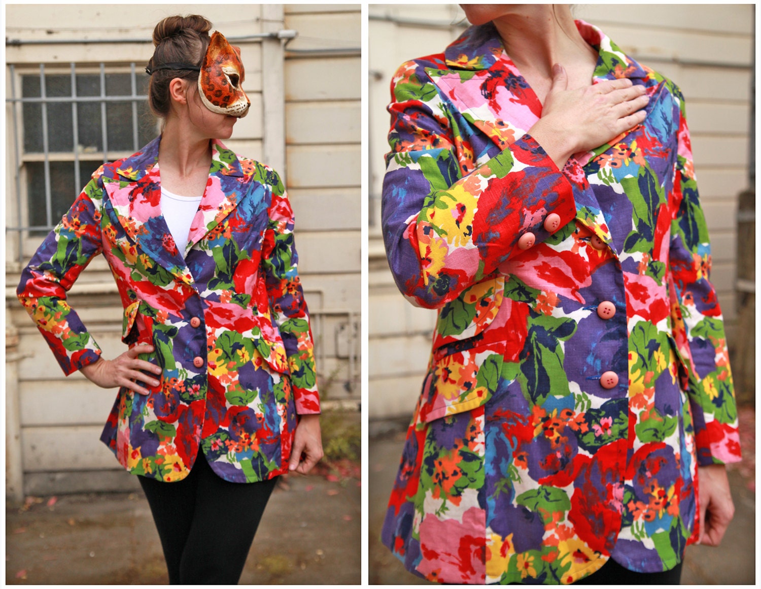 Vintage 60s 70s Bright Floral Blazer with Hot Pink Lining - sz M/L