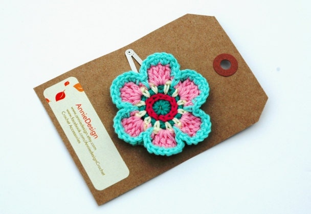 Crochet Flower Motif Retro Funky Hair Clip Aqua blue Pink Cream