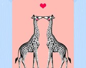 Kissing Giraffes Printable 5 x 7 Digital Print Pink Black Animal Print Nursery Art