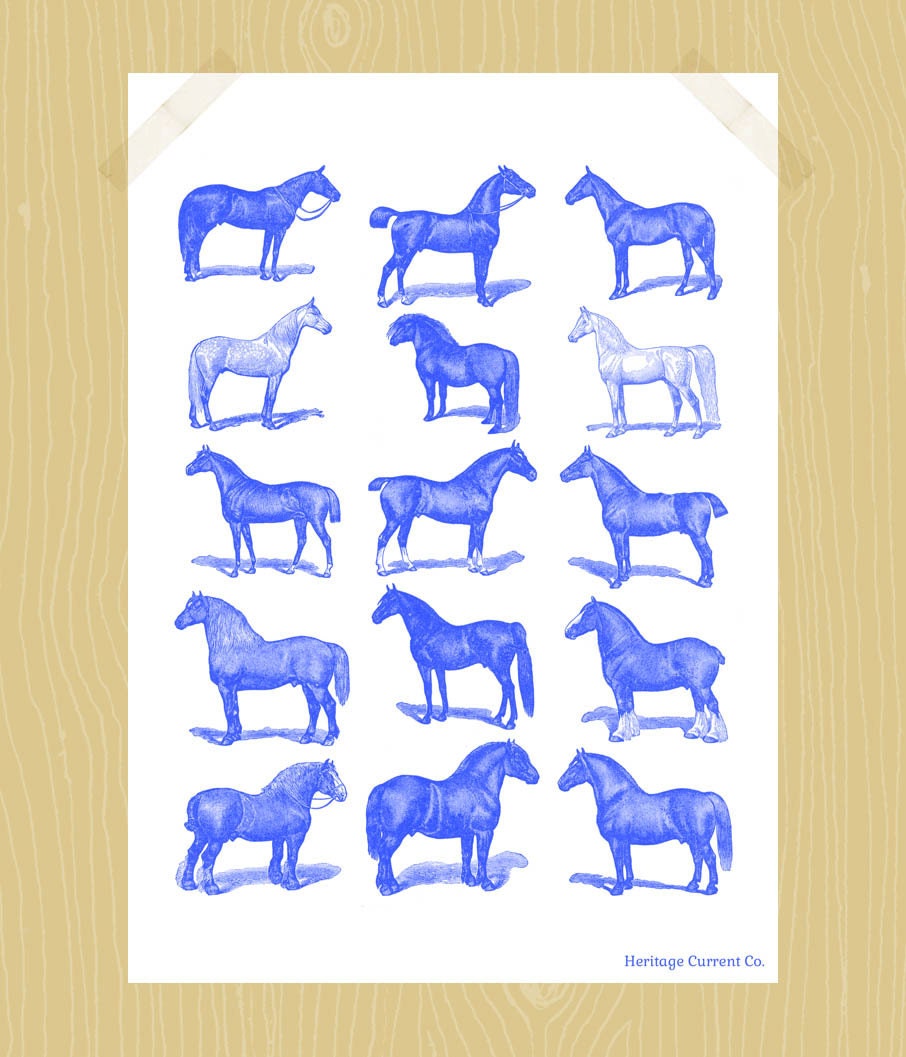 Horses Farm Barn Printable 5 x 7 Blue Digital Print Animal Print Children Kids