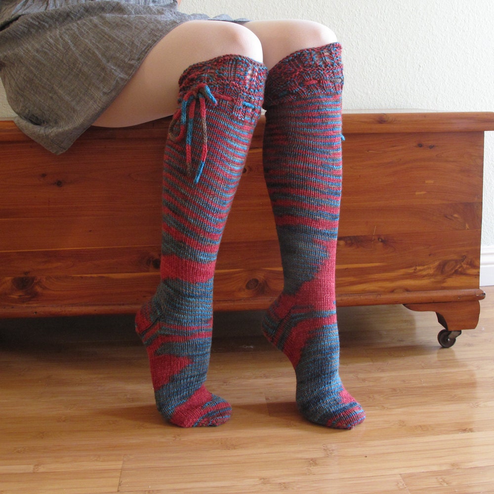 Knee High Socks Turquoise and Red and Brown Lace Merino Wool with Ties hand knit