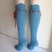 Knee High Socks Turquoise Merino Wool Lace with Red Ties hand knit