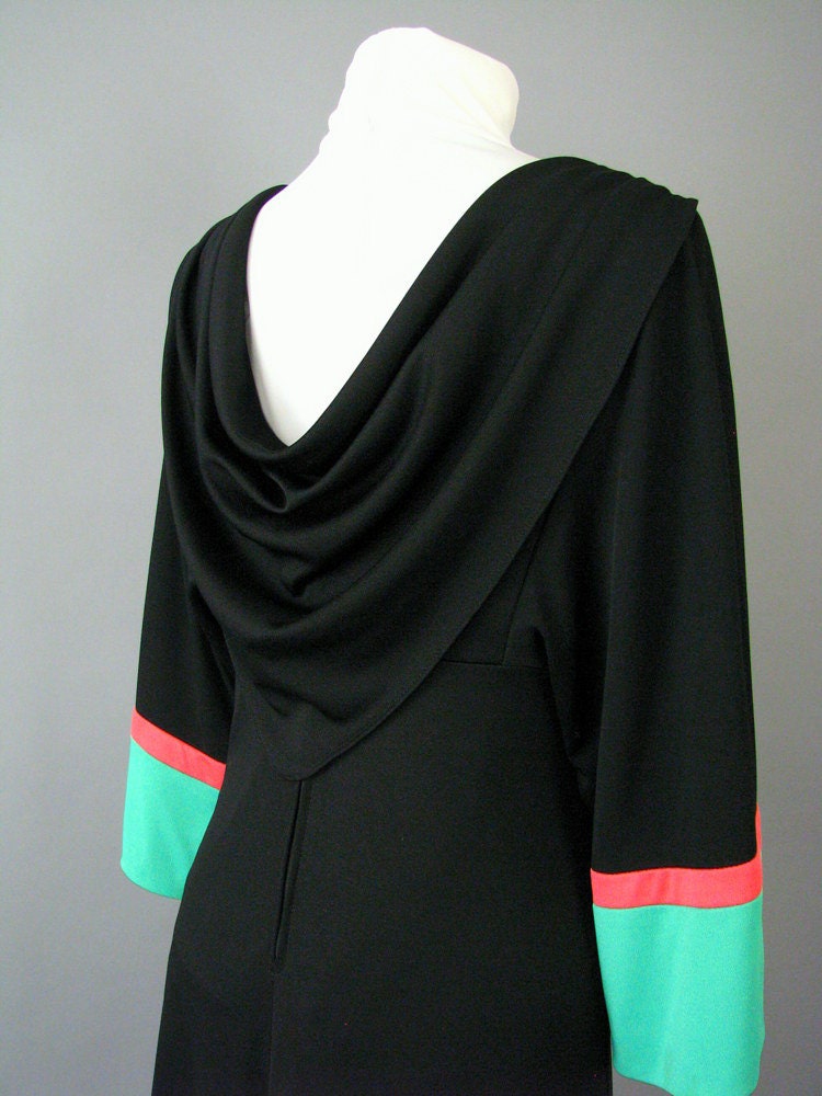 Vintage 1970s Prom Party Dress Black Slinky Formal with Back Drape Modern Size 6, Small