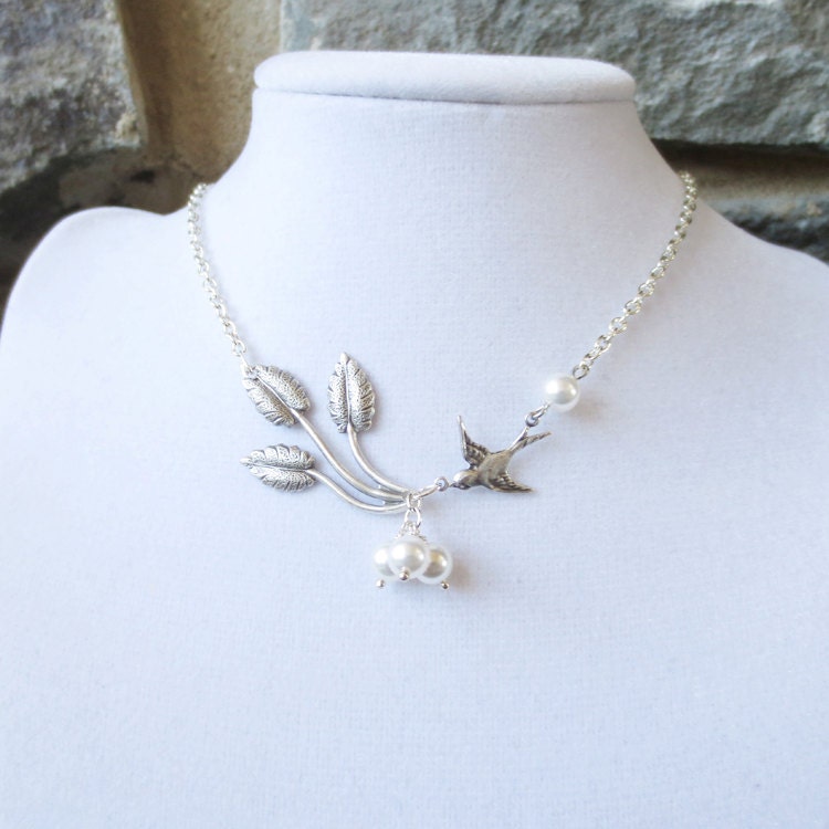 Bird Twig, Statement Necklace, Choker, Pendant Necklace, Twig Branch Sparrow Charm, White Pearl, Wedding, Bridal
