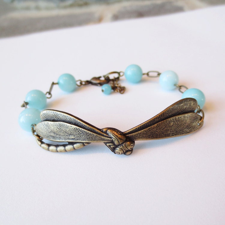 Dragonfly Bracelet, Friendship Bracelet, Charm Bracelet, Bangle, Bridesmaid, Wedding Bracelet, Blue Amazonite Gemstone