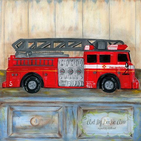 Set of 2 Fire Truck  Firefighter's Helmet Kids Boys Ready to Frame Art 12x12 Prints