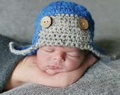 Crochet Baby Hat, Baby Boy Hat, Boy Aviator Hat, Newborn Aviator Hat, Infant Bomber Hat, Photo Prop, Blue, Grey Marble