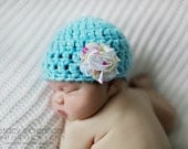 Baby Crochet Hat, Crochet Baby Girl Hat, Newborn Girl Hat, Infant Girl Hat, Girl Baby Beanie, Photo Prop, Blue, Baby Flower Hat