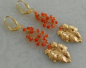 Vintage Leaf Design Earrings - Accented with Carnelian