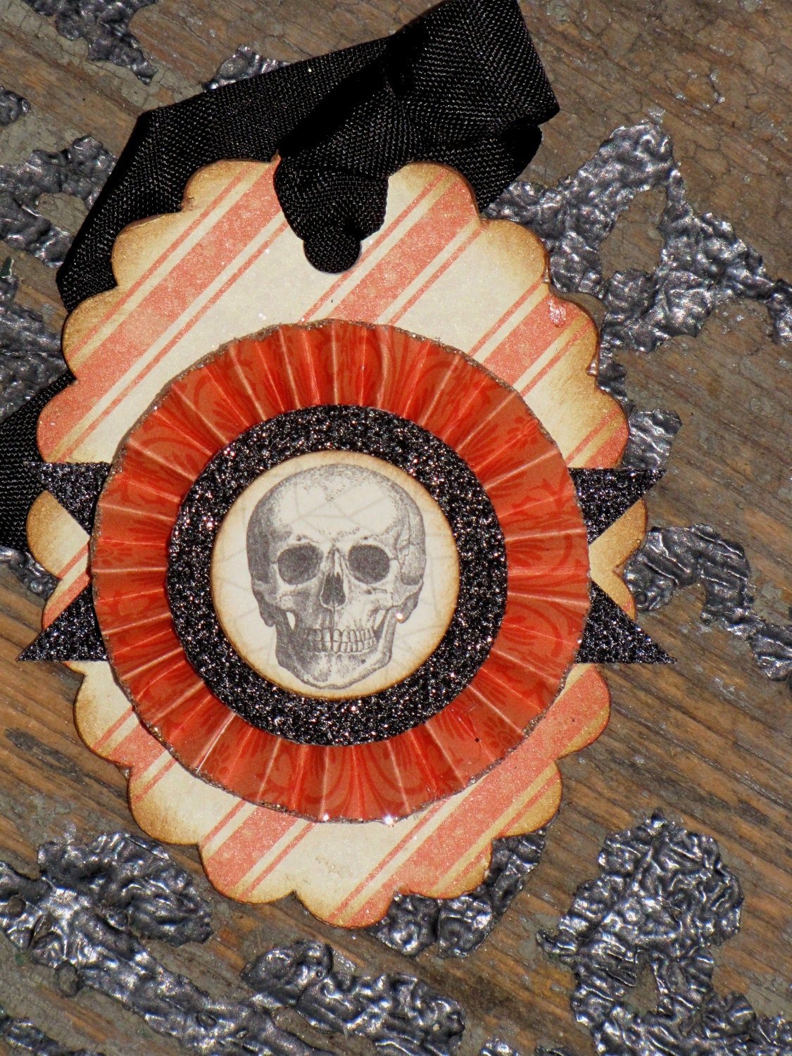 Set of THREE Vintage Inspired HALLOWEEN Gift Tags Ornaments Victorian Paper Rosettes SKULL Skeleton