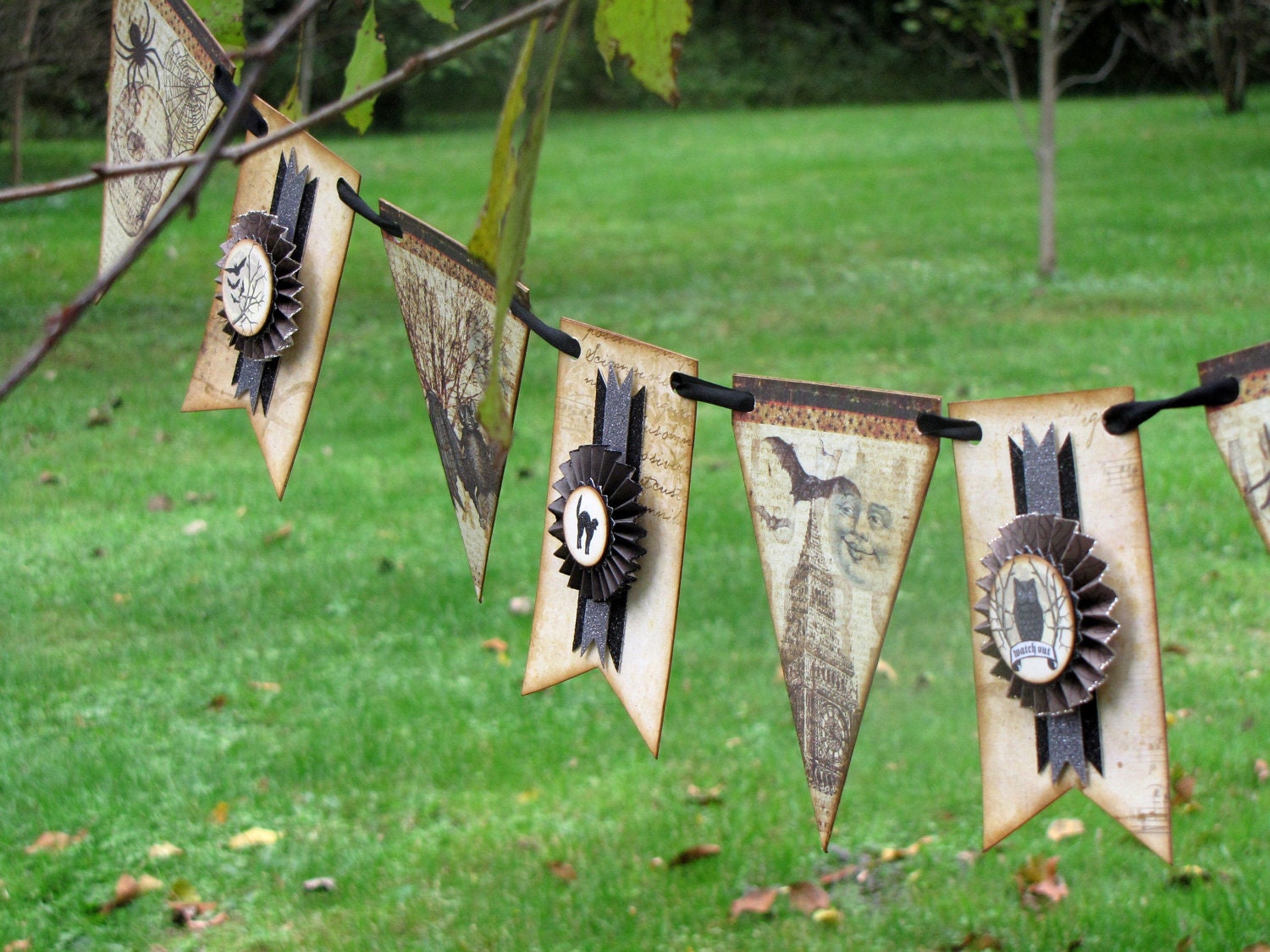 Vintage Halloween Inspired Banner Garland Victorian Paper Rosettes Cat Bat Skull Crow Spider
