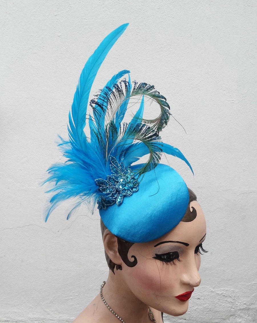 Turquoise Blue Feather Head Piece, Art Deco Costume Fascinator, Peacock Feather Cocktail Hat, Batcakes Couture