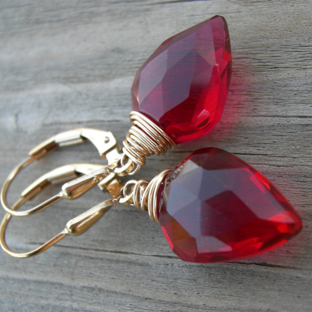 Ruby Red Quartz Gold Wire Wrapped Earrings