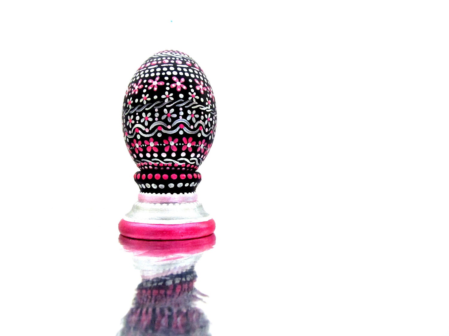Decorated Egg: Flowers Metallic Pinks on Black Hand painted wooden egg in stand