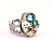 Steampunk Ring - Beautiful Vintage Clockwork Ring Design & Aqua Marine Blue Swarovski Crystals - PROMPTLY SHIPPED - Steampunk Jewelry