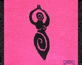 Pink Tea Towel Embroidered with Black Spiral Goddess