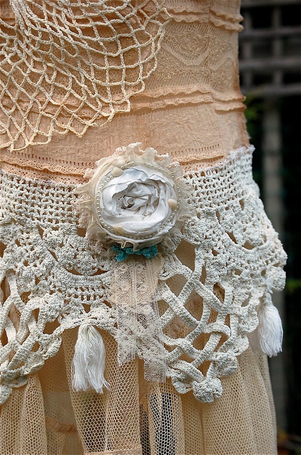 Bohemian Lace Creme Brulee Tunic Shirt, Off the Shoulder Top, Layered Clothing, Tea Stained, Antique Doily & Lace, Handmade Rose Pin, M - L