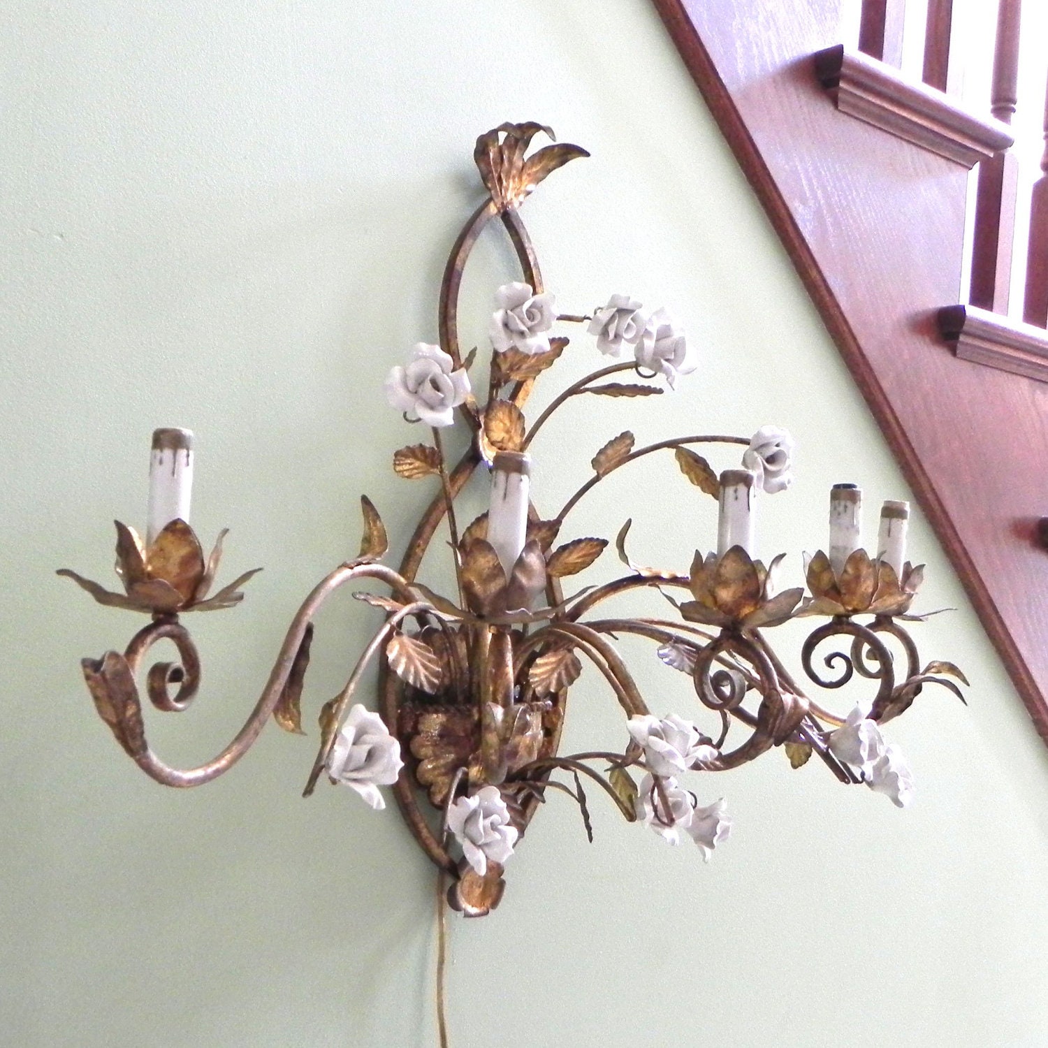 Vintage Italian sconce - large gilt gold and white enamel roses - dining room elegance Hollywood Regency electric bulb