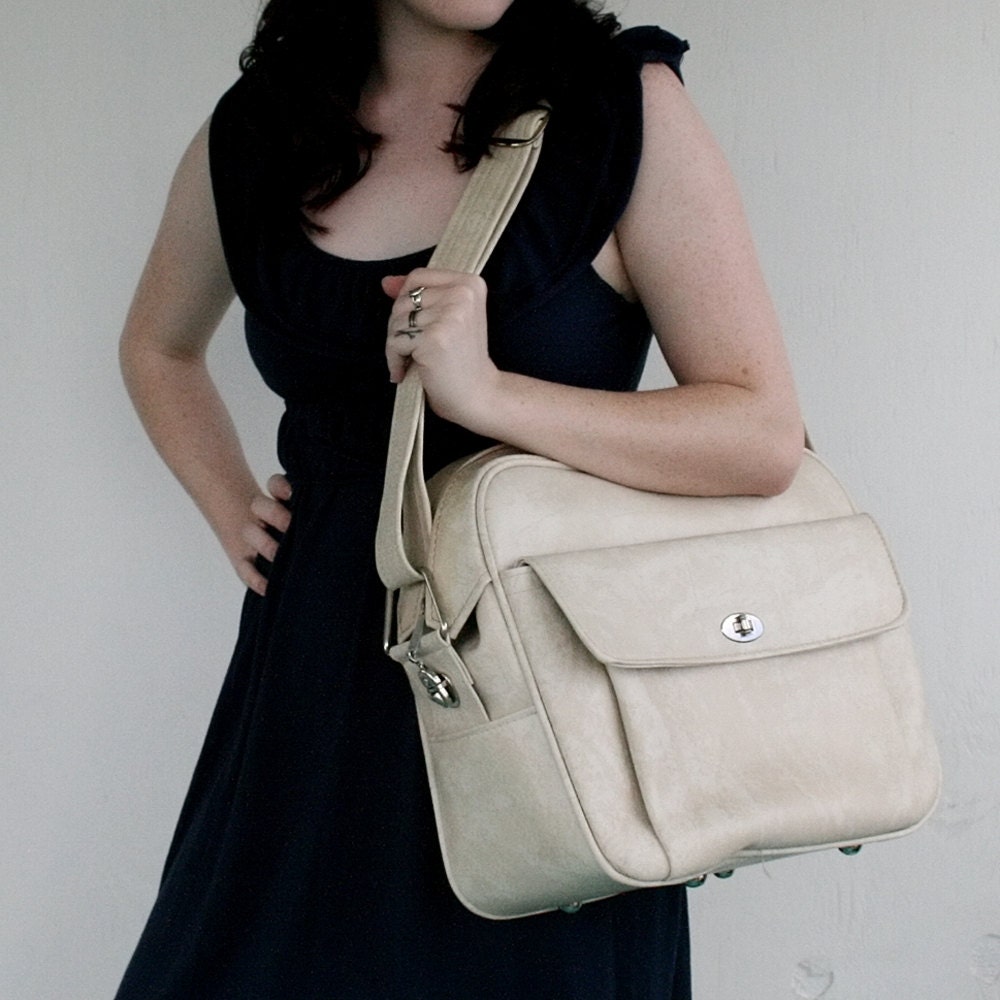 Geometric Patterned Off White Cream Marbled VINTAGE Messenger Bag Luggage
