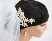 gold bridal headpiece, pearl rhinestone bridal comb, Side Tiara, Vintage comb golden Leaves, MIER HEADPIECE