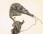 Portrait of a pensive girl, new drypoint print by Paper Doll Press