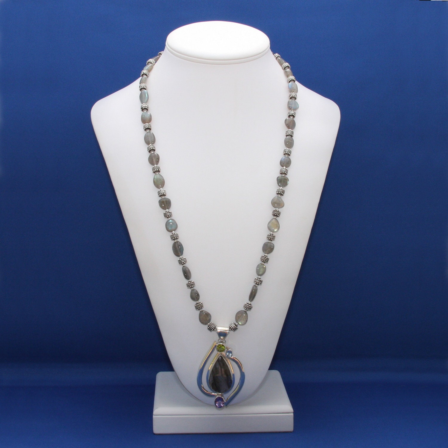 Labradorite, Amethyst, Peridot, Blue Topaz, Silver Pendant and Necklace Birthstone Extra Long Strand Statement-Midnight Sky