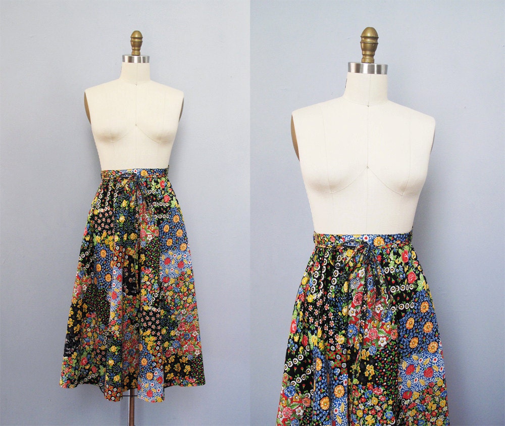 s a l e vintage 1970s floral cotton patchwork belted midi skirt M L