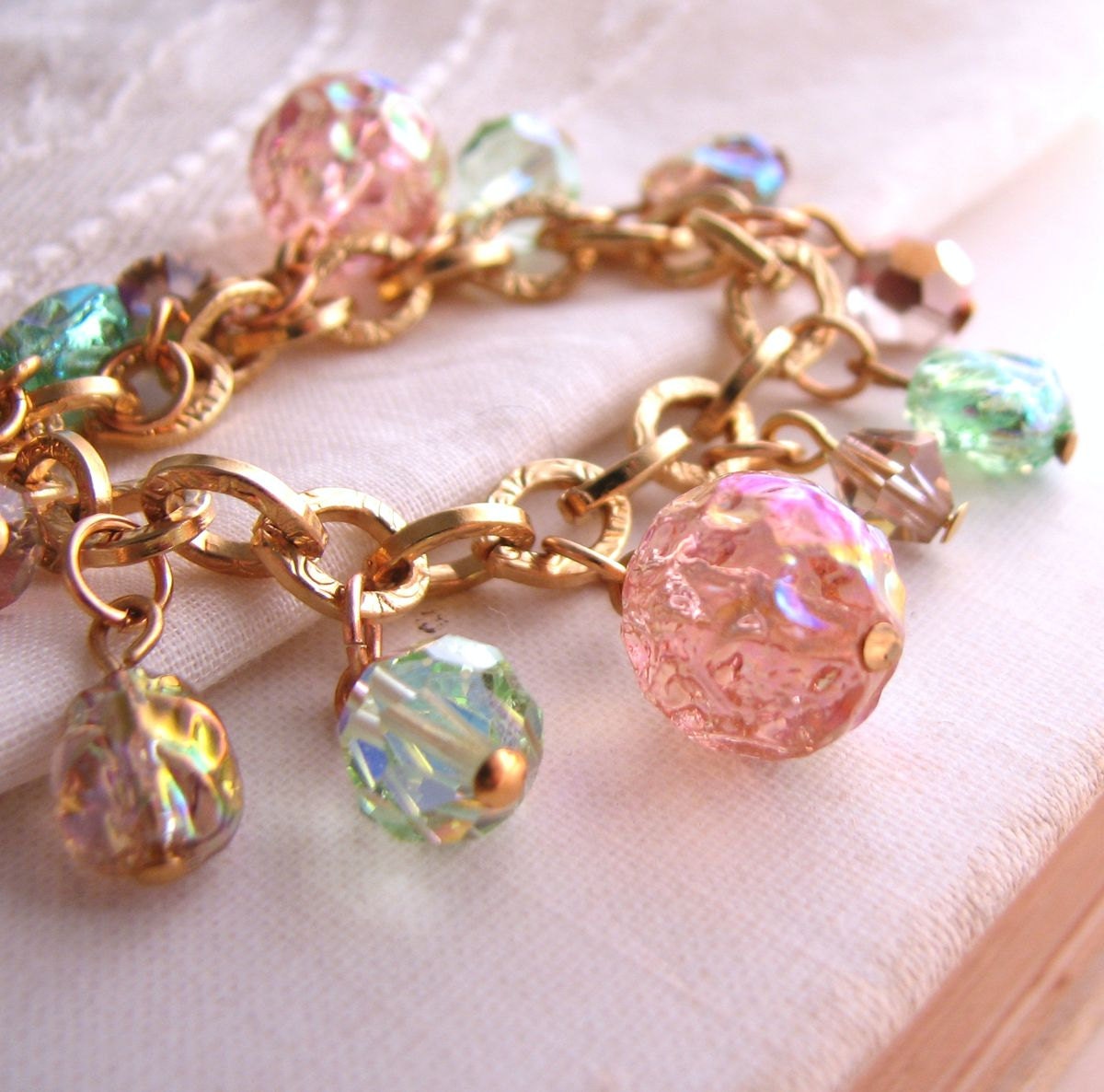 Peach Tea shabby charm bracelet with vintage glass beads