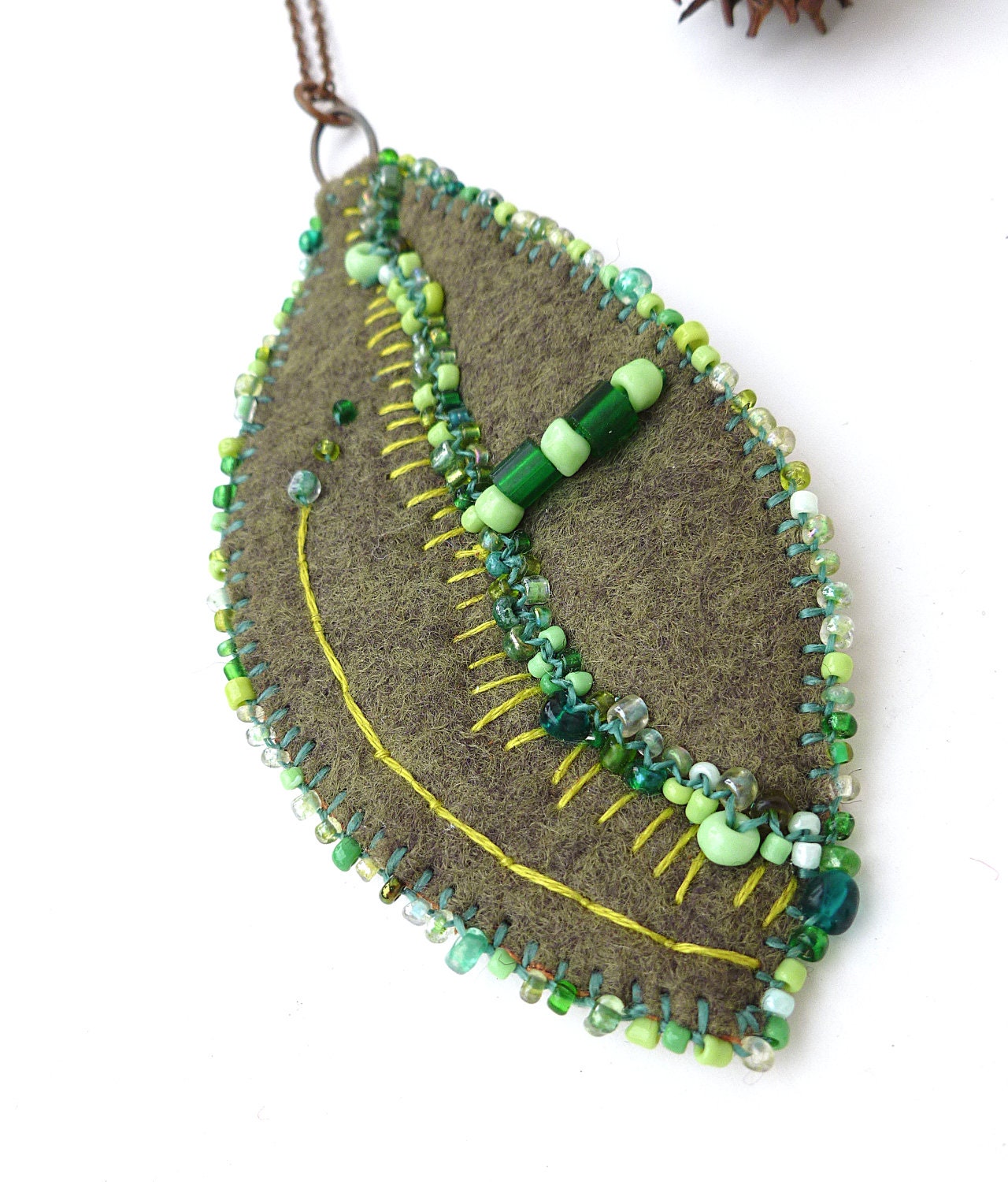 Leaf XII, unique fiber art necklace, pendant in green tones