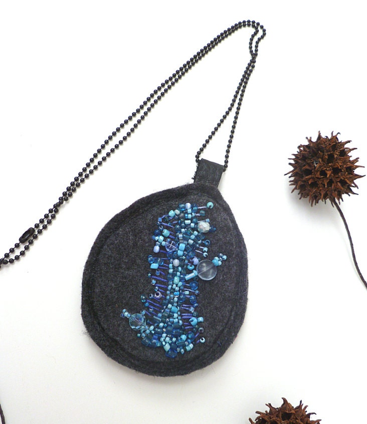 Something blue III, unique fiber art necklace