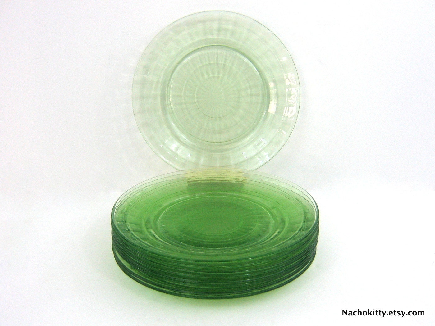 Plate Set Green Depression Glass Optic 1930s - Nachokitty