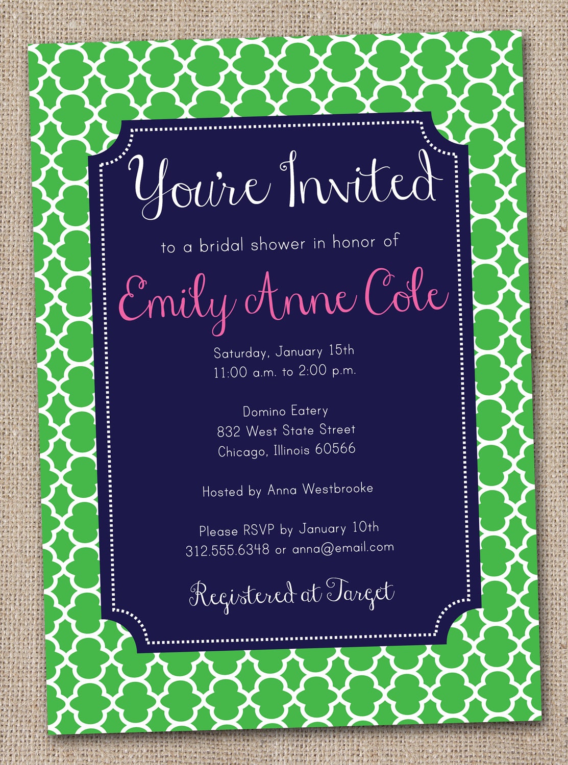 Printable Bridal Shower Invitation Kelly Green Quatrefoil with Navy Blue and Pink Il_170x135