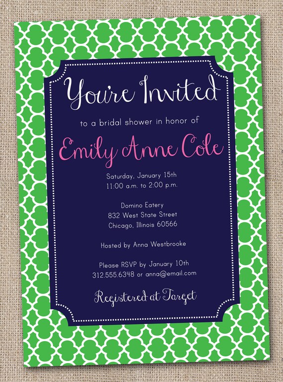 Printable Bridal Shower Invitation Kelly Green Quatrefoil with Navy Blue and Pink Il_570xn
