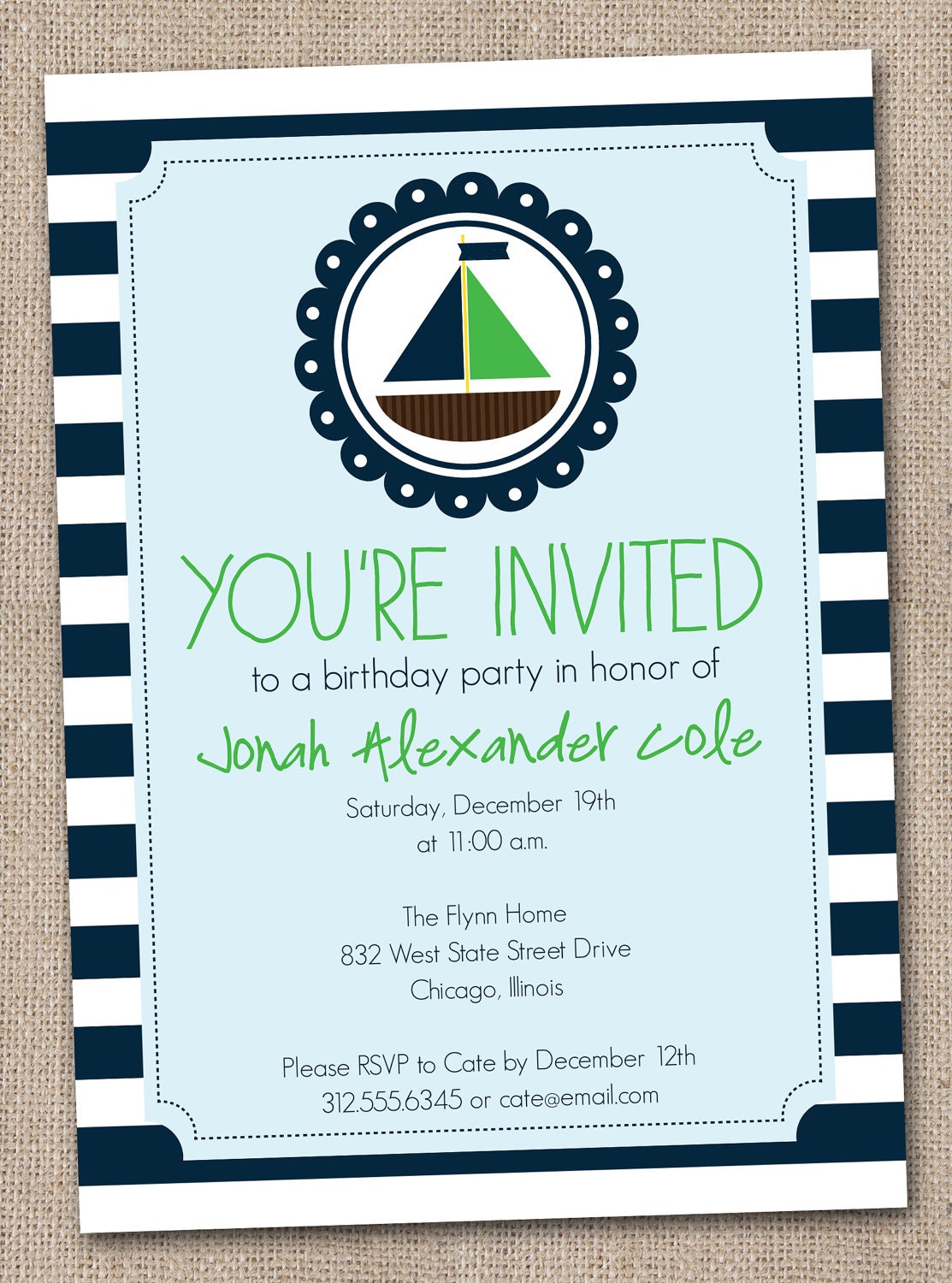 Boys Nautical Sailboat Birthday Party Invitations Navy Blue and Green Printable File Il_570xn