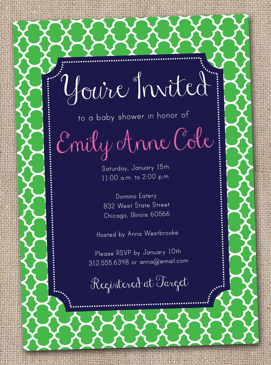 Baby Girl Shower Invitation Printable Digital File in Preppy Kelly Green Navy Blue and Hot Pink Il_570xn