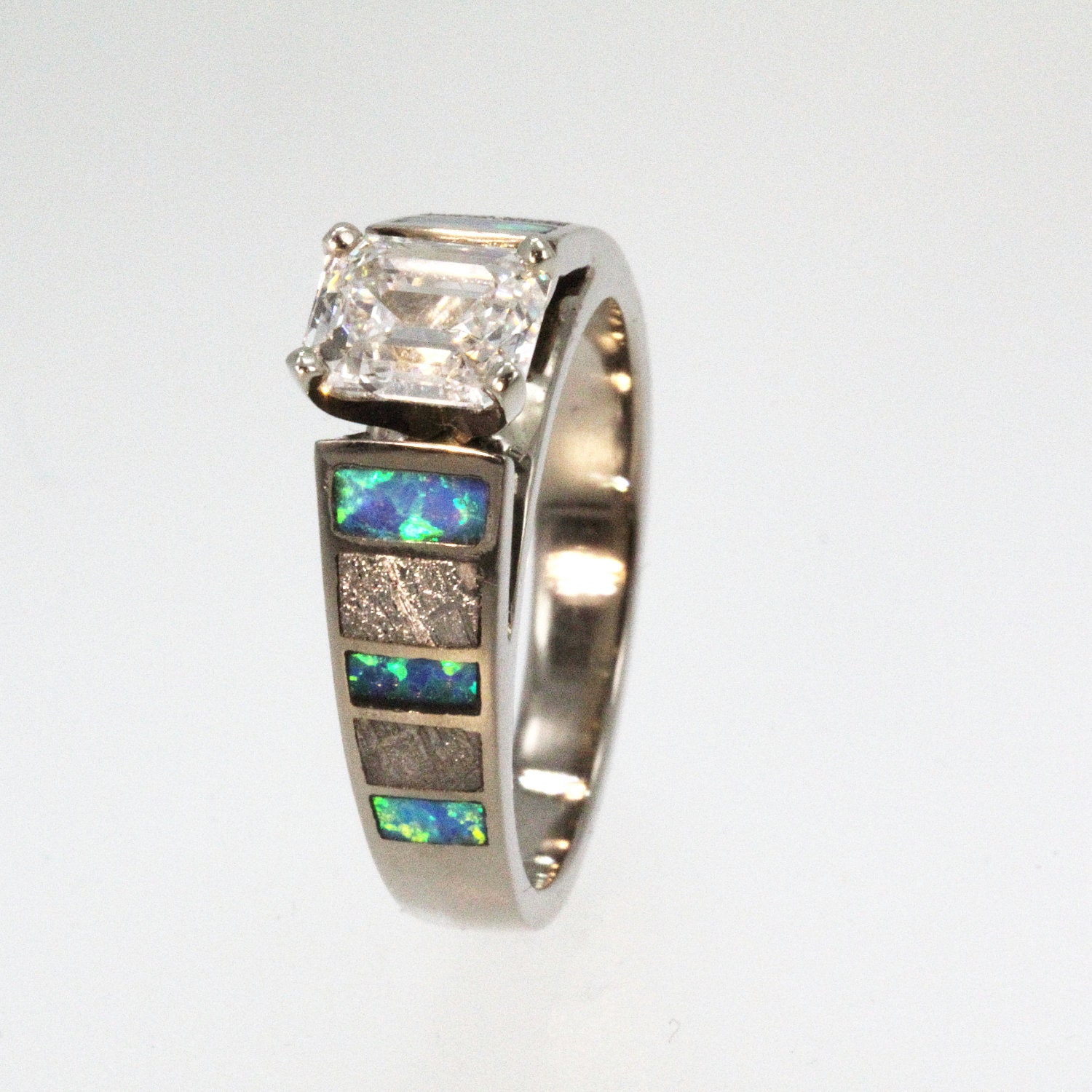 Diamond Ring - Cathedral Style 14K White Gold with Inlays of Opal and  Meteorite - Perfect Engagement Band