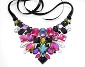 Pink and Black Necklace, Rhinestone, Statement Bib Necklace, Vitrail, Jeweled Bib, Dramatic, Party, Fashion Accessory