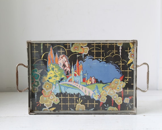 vintage Art Deco tray. 1920s serving / drinks / dresser. Metal, glass Asian abstract. Fall entertaining / the AUTUMN MARTINIS tray