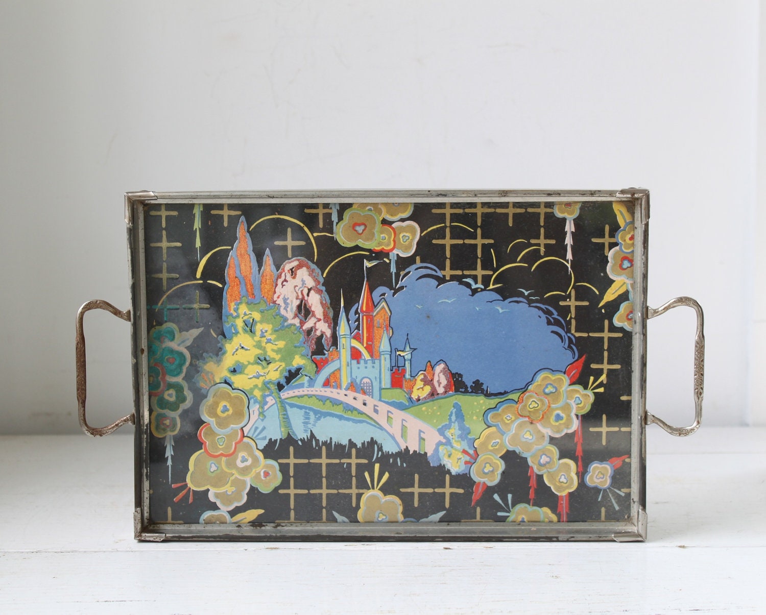 vintage Art Deco tray. 1920s serving / drinks / dresser. Metal, glass Asian abstract. Fall entertaining / the AUTUMN MARTINIS tray