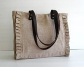 Sale - Natural Color Linen Tote, purse, shoulder bag, ruffles, messenger, pleats, durable - Sweety