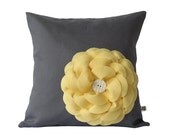 Butter Yellow Felt Flower PILLOW COVER Charcoal Gray Linen with Cream Ceramic Button by JillianReneDecor Spring Home Decor Gift for Her