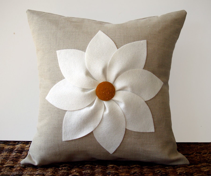 White and Rust Flower PILLOW COVER in Natural Linen by JillianReneDecor Decorative Home Decor (16x16) Gift for Her