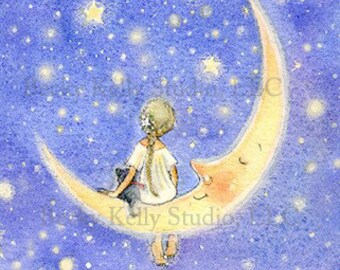 Fairy in a Periwinkle Blue Sky Print, Fairy Art, Fairy on the Moon Print, Large vibrant 8 X 10