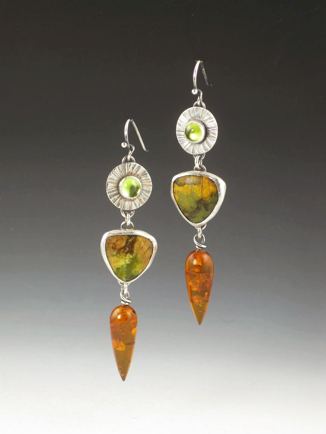 Rain Forest Jasper, Peridot and Amber Earrings