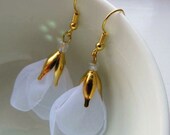 Snow Drops . organza chiffon white fabric earrings with gold accents fiber art unique design by MGM
