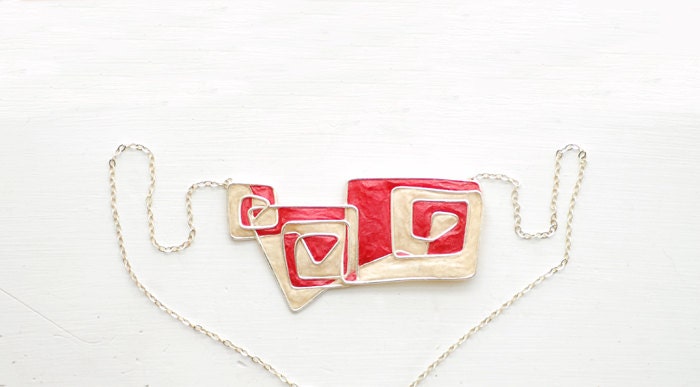 Tribal Navajo Inspired Geometric Spiral Necklace in Sterling Silver, Paper Jewelry in Red Tan.... - TaylorsEclectic