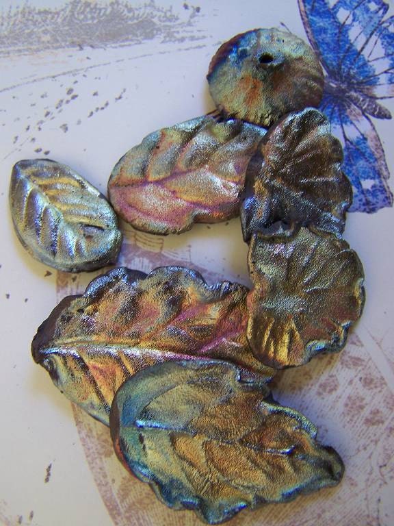 Reflections of a Silvery Moon..Six Autumn Raku Leaf Assortment Cabochons and Acorn Cap