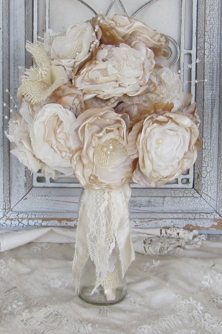Burlap Wedding Bouquet Vintage Inspired  Ivory and Beige Custom Order any color