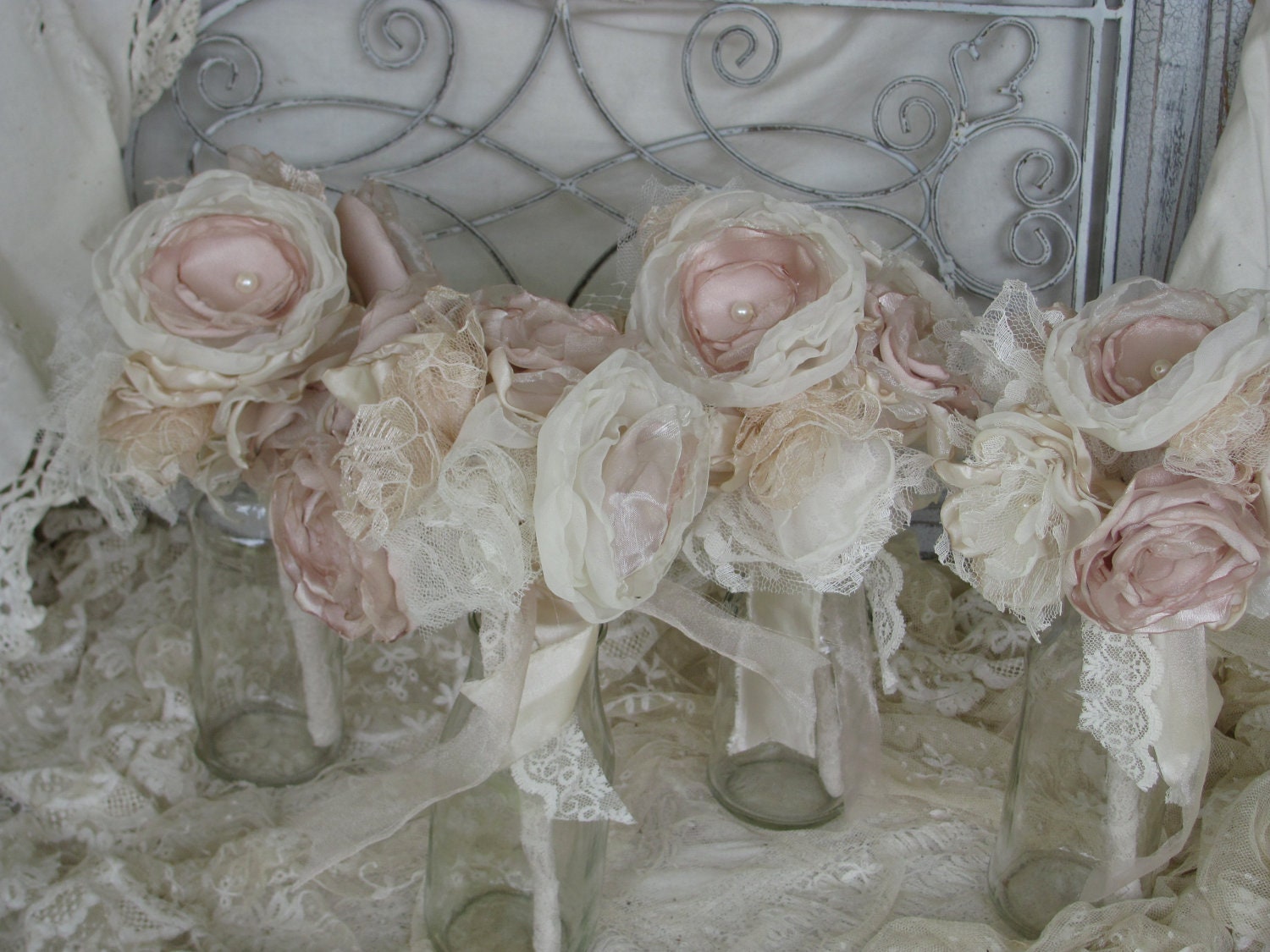 Bridesmaid Fabric Flower Bouquet 4 Bouquets  Custom Order any color